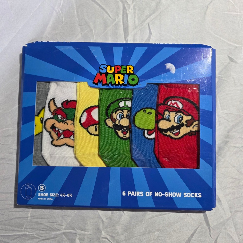 Nintendo Super Mario Bros 6 Pack No Show Socks Mario Luigi Yoshi Bowser Toad S - Picture 2 of 3